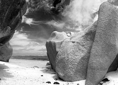 rocks, grayscale, beaches - random desktop wallpaper