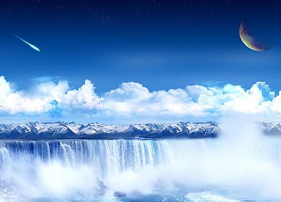 mountains, clouds, meteorite, waterfalls, photo manipulation - random desktop wallpaper