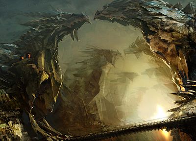 dragons, fantasy art, artwork, Guild Wars 2, Daniel Dociu, cities - desktop wallpaper
