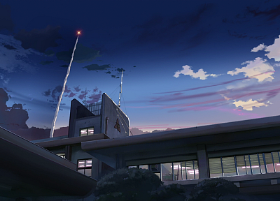 night, buildings, Makoto Shinkai, 5 Centimeters Per Second, anime, contrails, low-angle shot - random desktop wallpaper