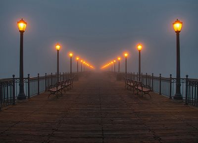 water, fog, piers, lamps - random desktop wallpaper