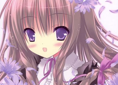 brunettes, flowers, anime, braids, purple eyes, flower petals, Tinkle Illustrations, anime girls, flower in hair - random desktop wallpaper