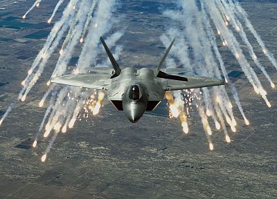 aircraft, military, F-22 Raptor, planes, flares - random desktop wallpaper