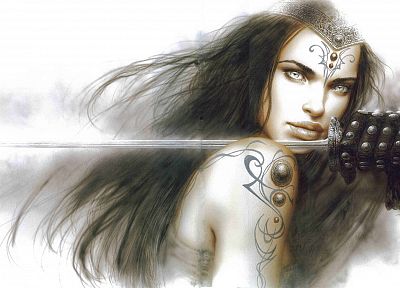 brunettes, women, Luis Royo, gray eyes, swords - desktop wallpaper