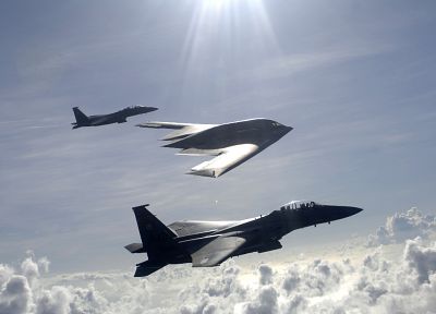 aircraft, bomber, F-15 Eagle, B-2 Spirit - duplicate desktop wallpaper