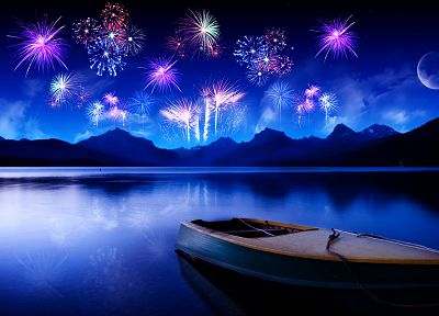 mountains, Moon, fireworks, ships, vehicles, lakes - desktop wallpaper