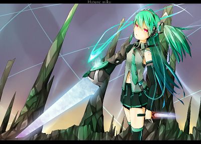 Vocaloid, Hatsune Miku, weapons, twintails, daggers, anime girls, detached sleeves, swords - related desktop wallpaper
