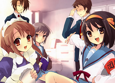 maids, school uniforms, Asahina Mikuru, Nagato Yuki, The Melancholy of Haruhi Suzumiya, Kyon, Suzumiya Haruhi - related desktop wallpaper