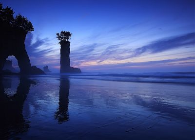Japan, landscapes, trees, silhouettes, Fukushima, reflections, Fukuoka Prefecture, rock formations, sea - desktop wallpaper