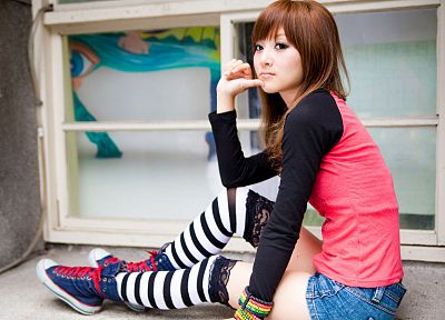 brunettes, women, Asians, shorts, Mikako Zhang Kaijie, bangs, striped legwear - related desktop wallpaper