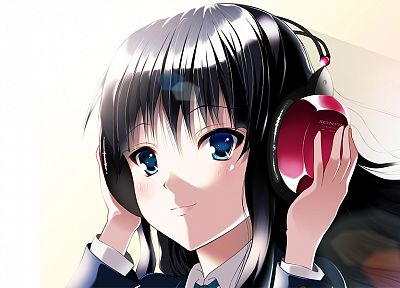 headphones, K-ON!, blue eyes, Akiyama Mio, anime girls - desktop wallpaper