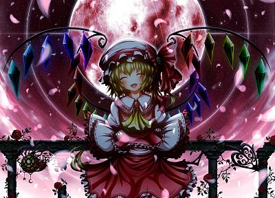 video games, Touhou, dress, night, flowers, stars, Moon, weapons, vampires, smiling, blush, bows, spears, gems, Flandre Scarlet, flower petals, skyscapes, roses, hats, Full Moon, Laevateinn - related desktop wallpaper