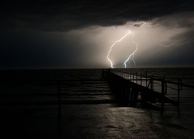 ocean, dark, storm, weather, piers, lightning - desktop wallpaper