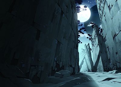 landscapes, ruins, paths, artwork, Full Moon - desktop wallpaper