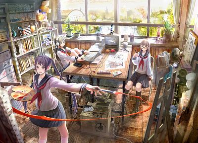 headphones, computers, school uniforms, skirts, paint, anime, detailed, soft shading, painters, anime girls, Oekaki Musume, original characters - desktop wallpaper
