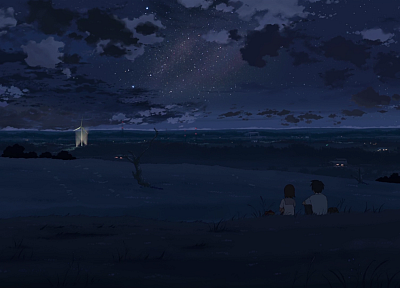 night, stars, Makoto Shinkai, couple, 5 Centimeters Per Second, anime, windmills, Nightsky - duplicate desktop wallpaper