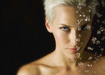 blondes, women, blue eyes, short hair, shoulders, faces - related desktop wallpaper