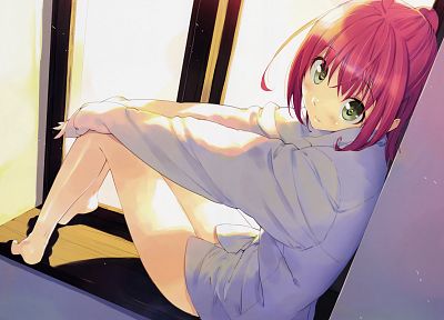redheads, window, green eyes, pink hair, shirts, blouse, anime girls, Akizora ni Mau Confetti - desktop wallpaper