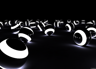 3D view, abstract, black, white, balls, glowing - random desktop wallpaper