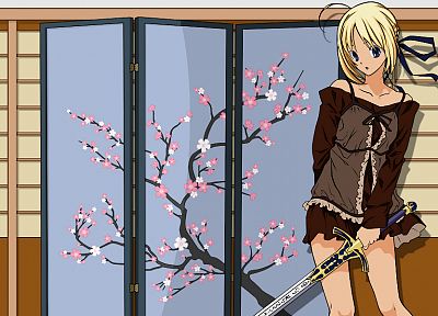 blondes, cherry blossoms, Fate/Stay Night, anime, Saber, anime girls, swords, Fate series - random desktop wallpaper