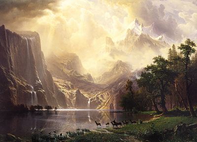 paintings, mountains, clouds, landscapes, animals, deer, California, Sierra Nevadas, waterfalls - related desktop wallpaper
