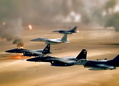 oil, deserts, smoke, fields, Iraq, tilt-shift, fighter jets - related desktop wallpaper