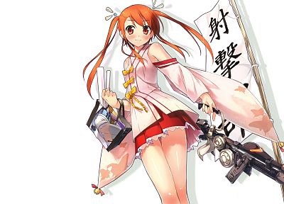 guns, dress, weapons, twintails, orange hair, Japanese clothes, simple background, anime girls, Kantoku (artist), white background, original characters - related desktop wallpaper