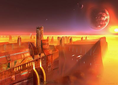planets, buildings, sunlight, science fiction, Tigaer Hecker - random desktop wallpaper