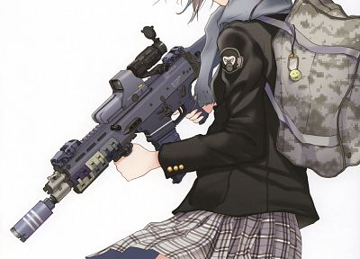 headphones, skirts, weapons, Fuyuno Haruaki, assault rifle, purple eyes, simple background, anime girls, backpacks, ACR - duplicate desktop wallpaper