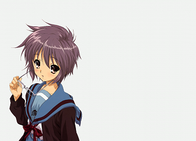 school uniforms, Nagato Yuki, The Melancholy of Haruhi Suzumiya, simple background, anime girls - desktop wallpaper