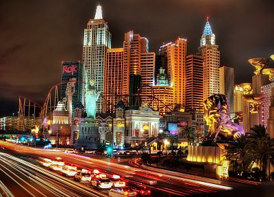 cityscapes, night, Las Vegas, buildings, New York City, traffic lights, grand, palm trees, lions - desktop wallpaper