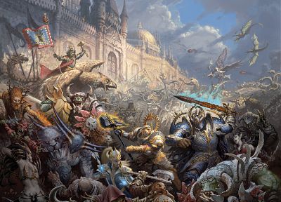 castles, dragons, soldier, Warhammer, eagles, hammer, flags, armor, dwarfs, goblins, paladin, orcs - related desktop wallpaper