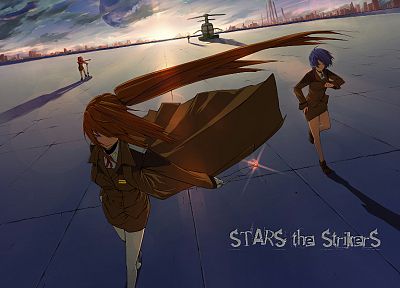 Mahou Shoujo Lyrical Nanoha, uniforms, helicopters, stars, Subaru, purple hair, vehicles, anime girls - random desktop wallpaper