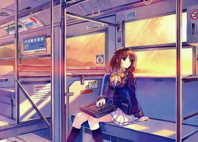 sunset, school uniforms, trains, skirts, anime, Misaki Kurehito, Ushinawareta Mirai wo Motomete, anime girls, Sasaki Kaori - duplicate desktop wallpaper