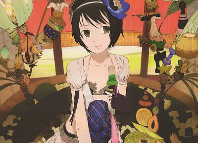 brunettes, flowers, green eyes, short hair, anime girls - related desktop wallpaper