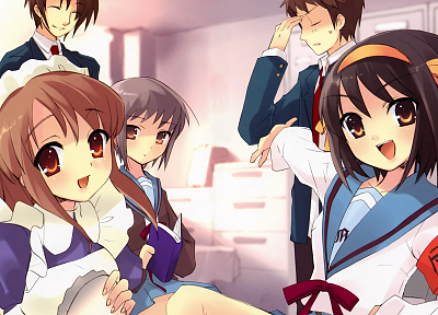 school uniforms, Asahina Mikuru, Nagato Yuki, The Melancholy of Haruhi Suzumiya, Koizumi Itsuki, anime boys, anime girls, Suzumiya Haruhi - related desktop wallpaper