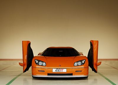 cars, orange, vehicles, Koenigsegg CCR, front view, open doors - desktop wallpaper