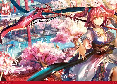 women, water, landscapes, Touhou, cherry blossoms, trees, multicolor, scythe, redheads, ships, Sakura, weapons, spring, shinigami, red eyes, short hair, twintails, house, rivers, flower petals, Fuji Choko, soft shading, Onozuka Komachi, Japanese clothes,  - related desktop wallpaper
