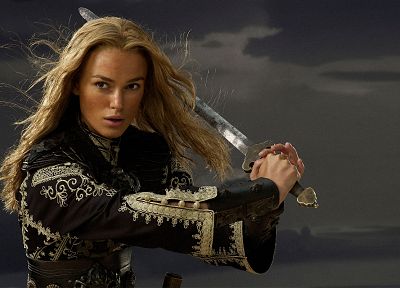 blondes, women, Keira Knightley, Pirates of the Caribbean, swords, Elizabeth Swann - random desktop wallpaper