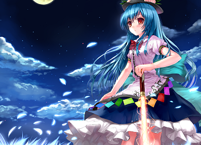 Touhou, night, Moon, long hair, weapons, blue hair, red eyes, Hinanawi Tenshi, flower petals, skyscapes, hats, girls with swords, swords - random desktop wallpaper