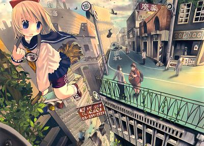 brunettes, blondes, clouds, trees, cityscapes, flying, blue eyes, school uniforms, schoolgirls, skirts, outdoors, socks, buildings, fantasy art, goggles, traffic lights, short hair, skyscrapers, brooms, scenic, blush, bows, open mouth, anime boys, bracele - desktop wallpaper