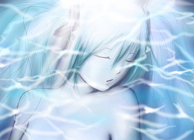water, Vocaloid, Hatsune Miku, green hair, sleeping - duplicate desktop wallpaper