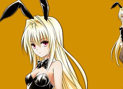 blondes, long hair, To Love Ru, Golden Darkness, animal ears, red eyes, anime girls, bunny suit, yellow background, bare shoulders - related desktop wallpaper