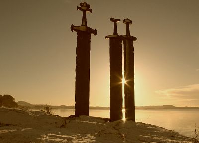 sunset, swords, Norse, viking swords - random desktop wallpaper