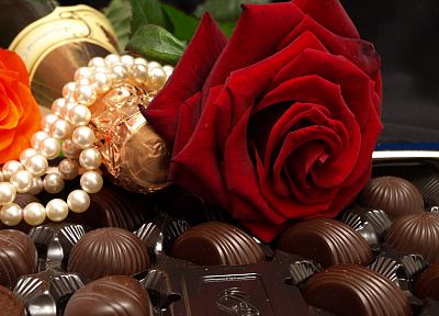 chocolate, food, sweets (candies), roses - desktop wallpaper