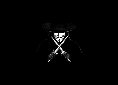 Anonymous, movies, masks, Guy Fawkes, V for Vendetta, swords, black background, liberty - related desktop wallpaper