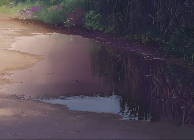 Makoto Shinkai, 5 Centimeters Per Second, artwork, anime, reflections, puddles - related desktop wallpaper