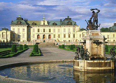 Sweden, daylight, Stockholm, fountain, palace - desktop wallpaper