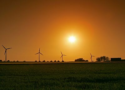 sunset, landscapes, Sun, fields, windmills - duplicate desktop wallpaper