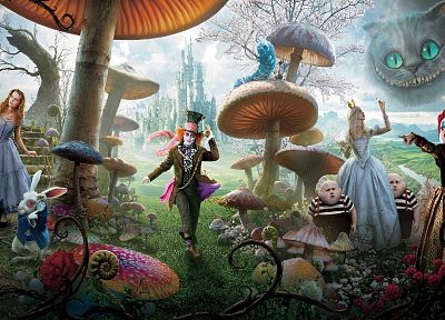Alice in Wonderland, White Queen, Mad Hatter, Mia Wasikowska, Queen of Hearts, Cheshire Cat, white rabbit - desktop wallpaper